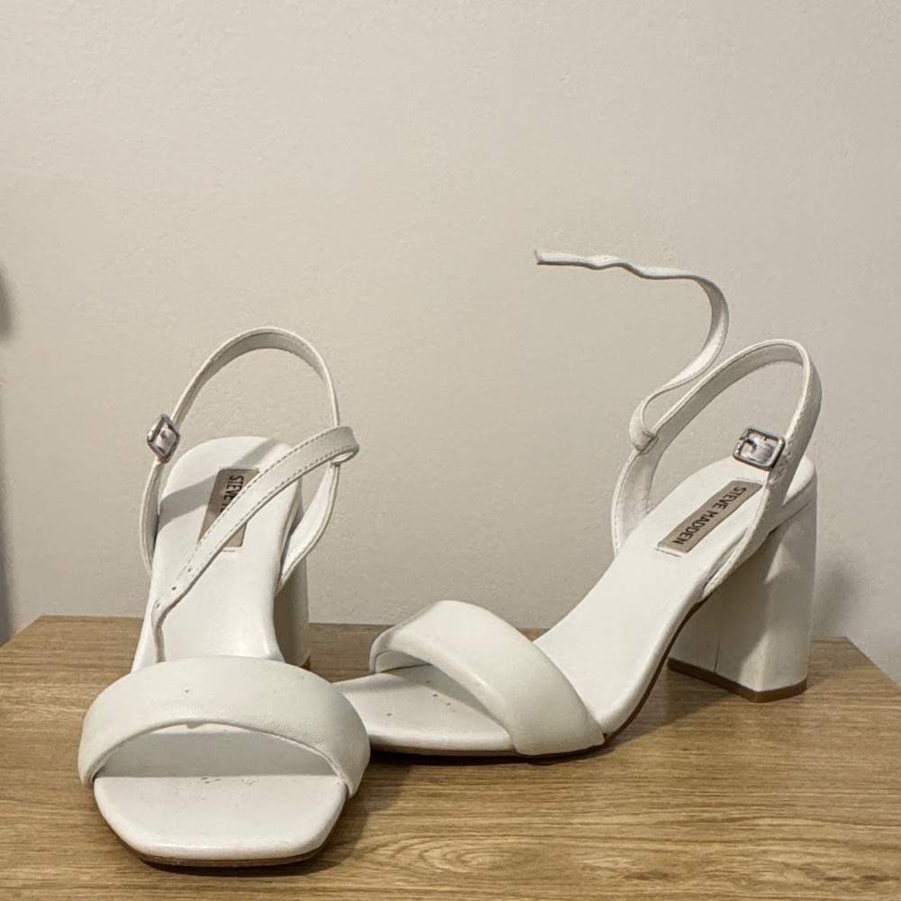 Steve Madden White Block Heel Ankle-Strap Sandals